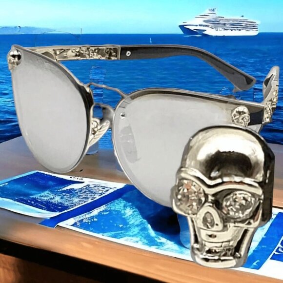 Silver Mirrored Cateye Sunglasses With Skull & Floral Alloy Details UV400 Protec - Picture 1 of 9